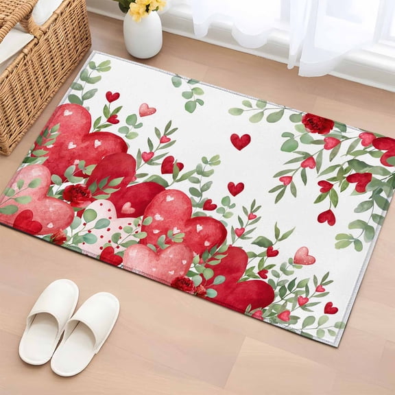 Valentine Love Heart Entryway Rug 2'x3' Non Slip Front Door Mats, Red Eucalyptus Leaf Botanical Entrance Rugs Indoor Outdoor Carpet, Washable Floor Mats Small Area Rug for Bedroom Kitchen