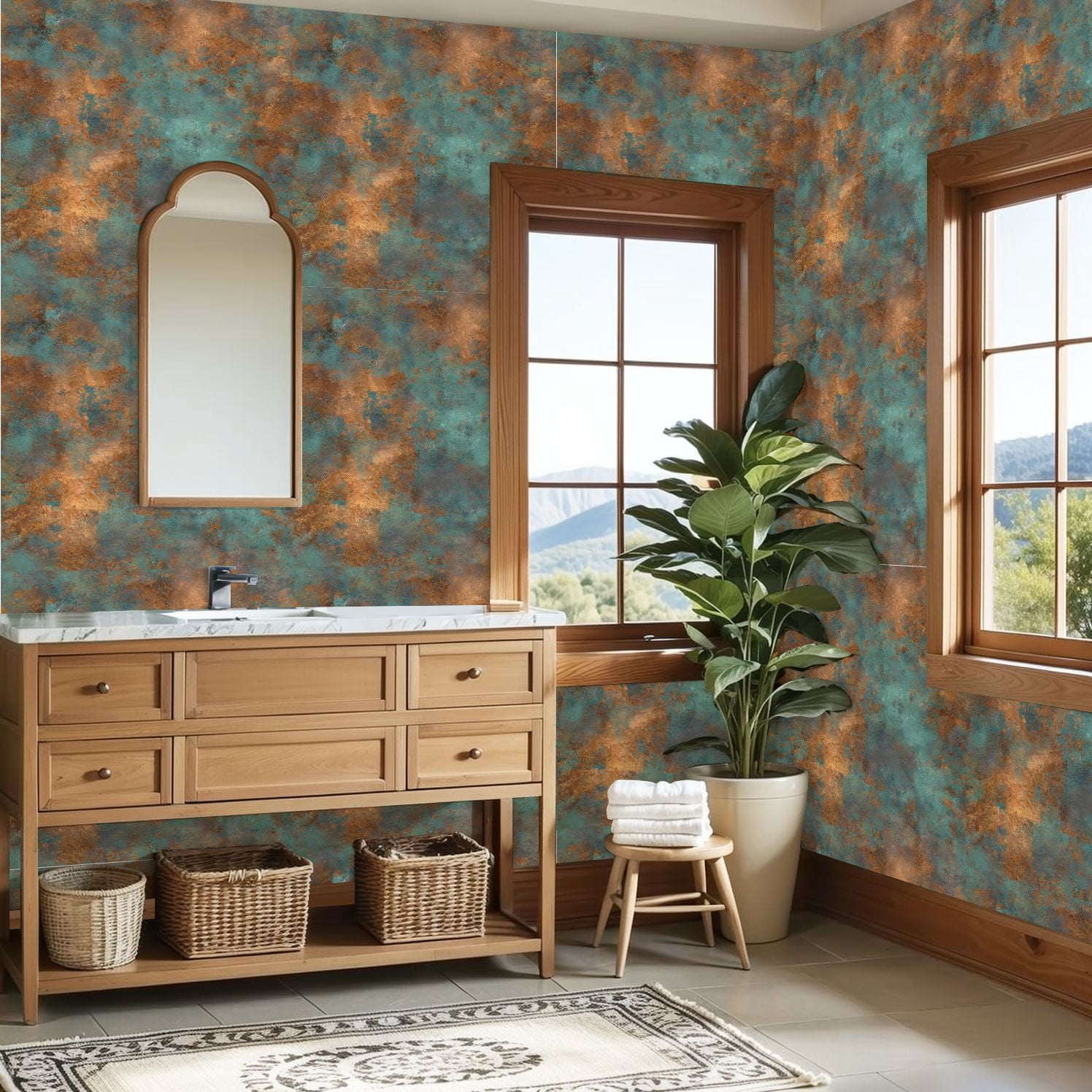 Peel and Stick Wallpaper Abstract Turquoise Copper Metallic Texture Weathered Wall Mural 23.6in x 9.8ft Self Adhesive Removable Wall Paper Renter Friendly Wallpaper for Nursery Bedroom Cabinets