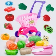 NimJoy Pretend-N-Play Pink Big Shopping Cart W/ABS Cutting Foods for Kids 3Y+, Toy Shopping Grocery Play Set Gifts to Toddlers Girls Boys(Unisex), 20 Pcs