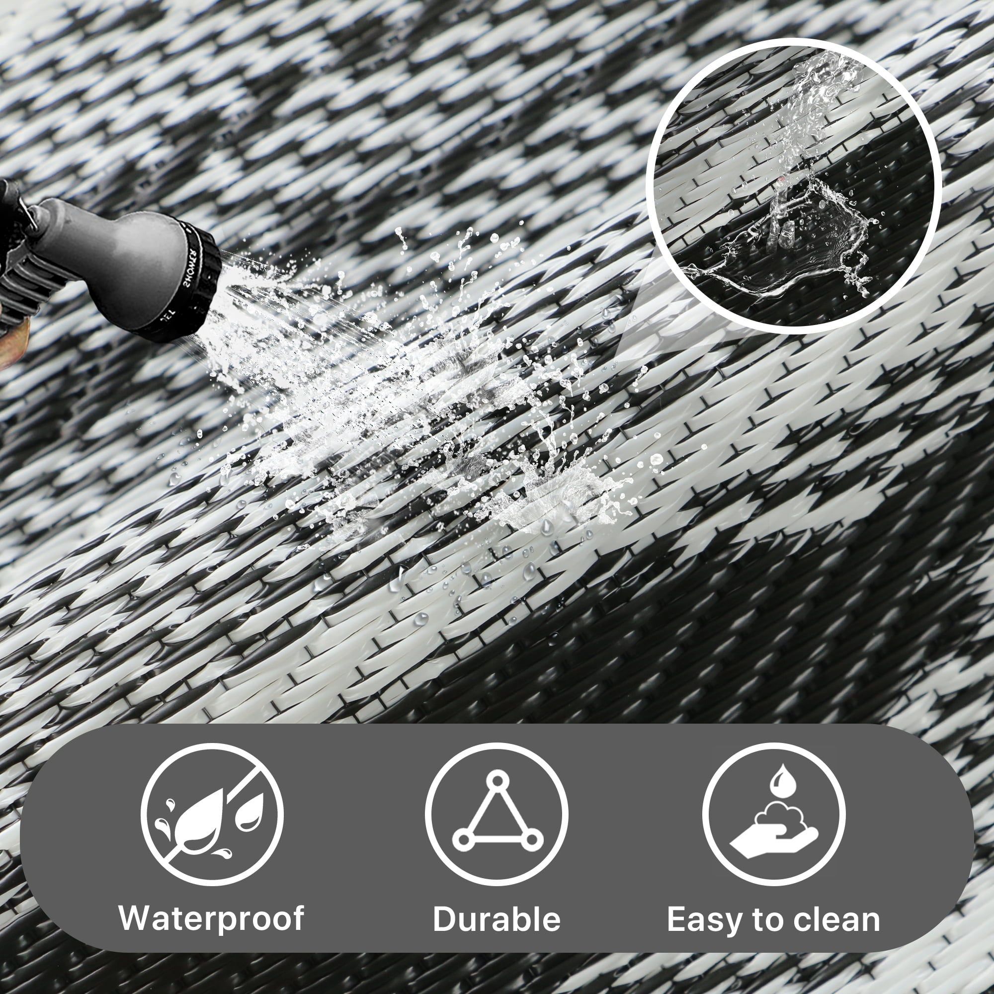 KUETH 6' x 9' Reversible Outdoor Rug Waterproof Foldable Plastic Camping Mat for Patio Yard Balcony RV, Black & White