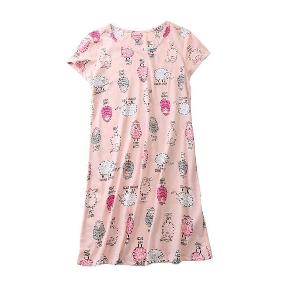 Defitshape Women's Short Sleeve Nightgown Cute Crew Neck Nightwear Sleepshirt Mini Sleep Lounge Dress Printed Patterned Sleepwear Cartoon Cotton Pink Sheep Large