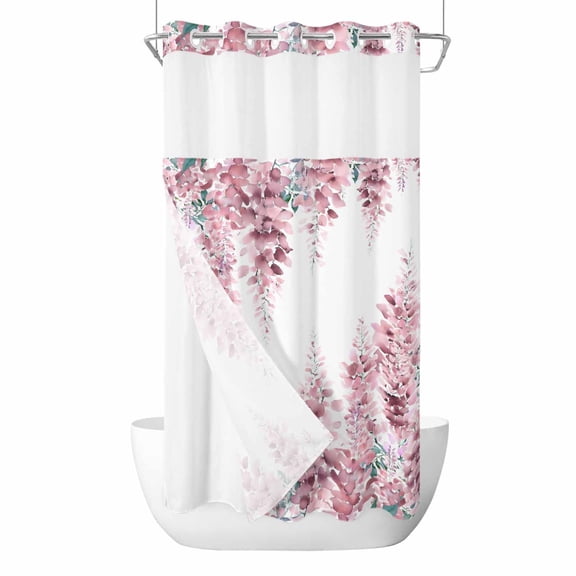 No Hook Pink Wisteria Shower Curtain with Snap in Liner Set, Sprinng Summer Pastoral Flowers Botanical Waterproof Fabric Bathroom Curtains with See Through Top Window, Hotel Style Small 36 x 78 Inch