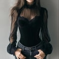 thumbnail image 2 of Women's Corset Velvet Turtleneck Lace Long Sleeve Ruffle Slim Fit Vintage Casual Elegant Corset - Mesh Sheer Crew Neck Shirts Sexy Spring Going Out Blouse Black L, 2 of 9
