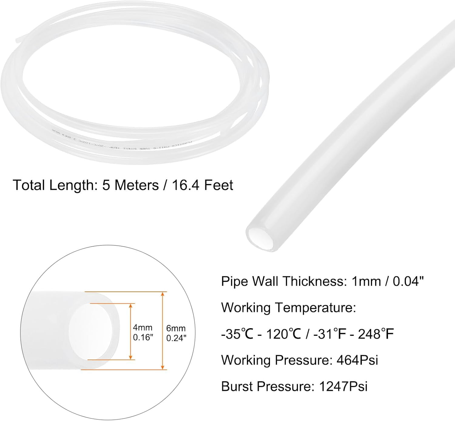 MKEUDQ-Pneumatic Air Line Tubing 6mm OD x 4mm ID 5 Meters(16.4 FT) Air Compressor Nylon Tubes Polyamide Air Tubing Hose Tube for Air Compressor Water Fluid Transfer, Clear