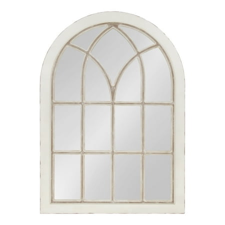 Distressed Window Pane Kate and Laurel NIkoletta Large Classic Wood Windowpane Arch Mirror, 31x44, Distressed Coastal White ()