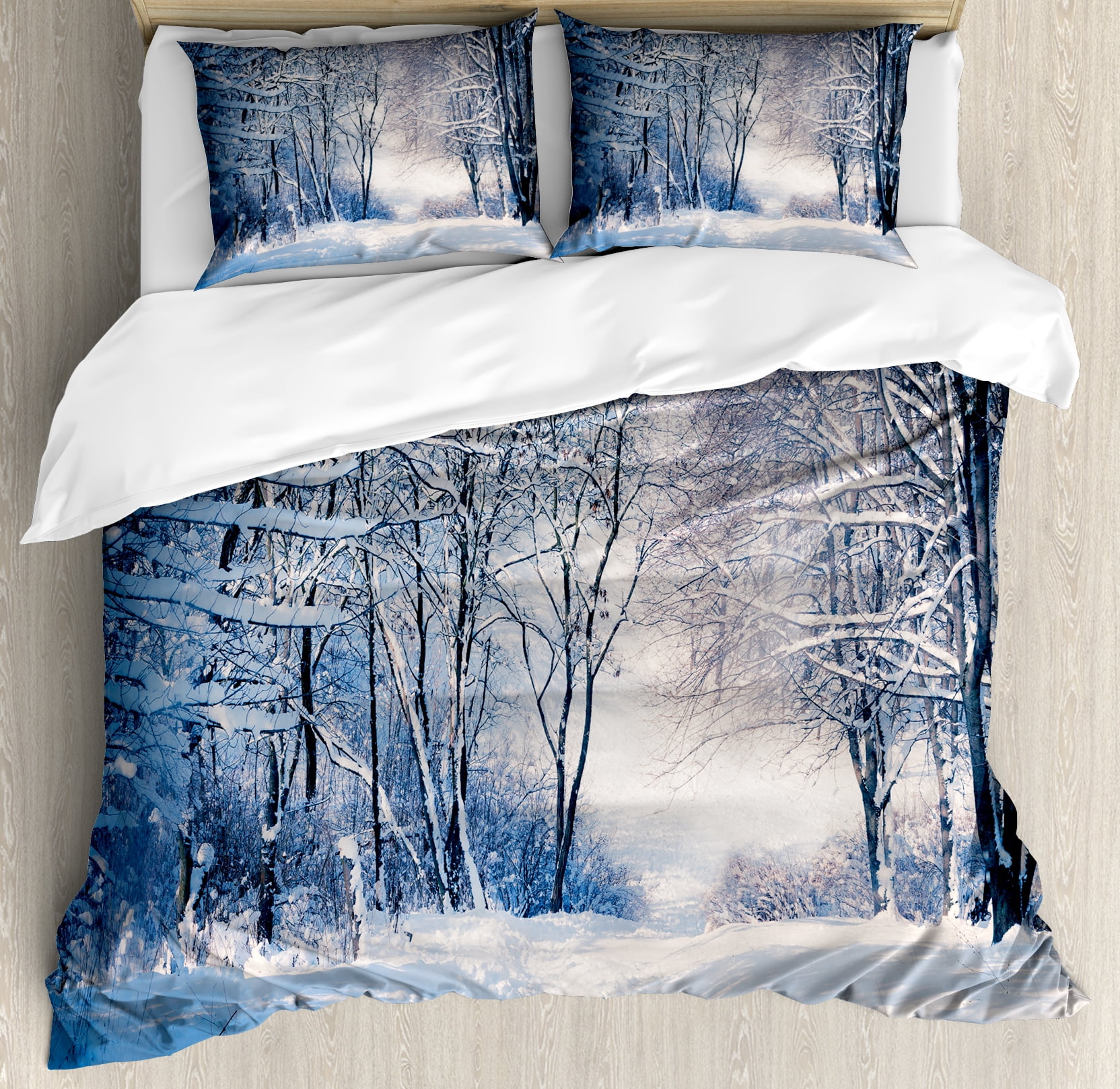 Winter Duvet Cover Set, Alley in Snowy Forest Cold Freezing Weather