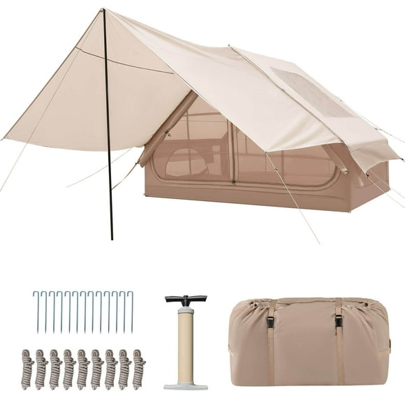 Costway Tente de Camping Gonflable 4 à 6 Personnes, Imperméable, Tente Pneumatique avec Auvent, Pompe