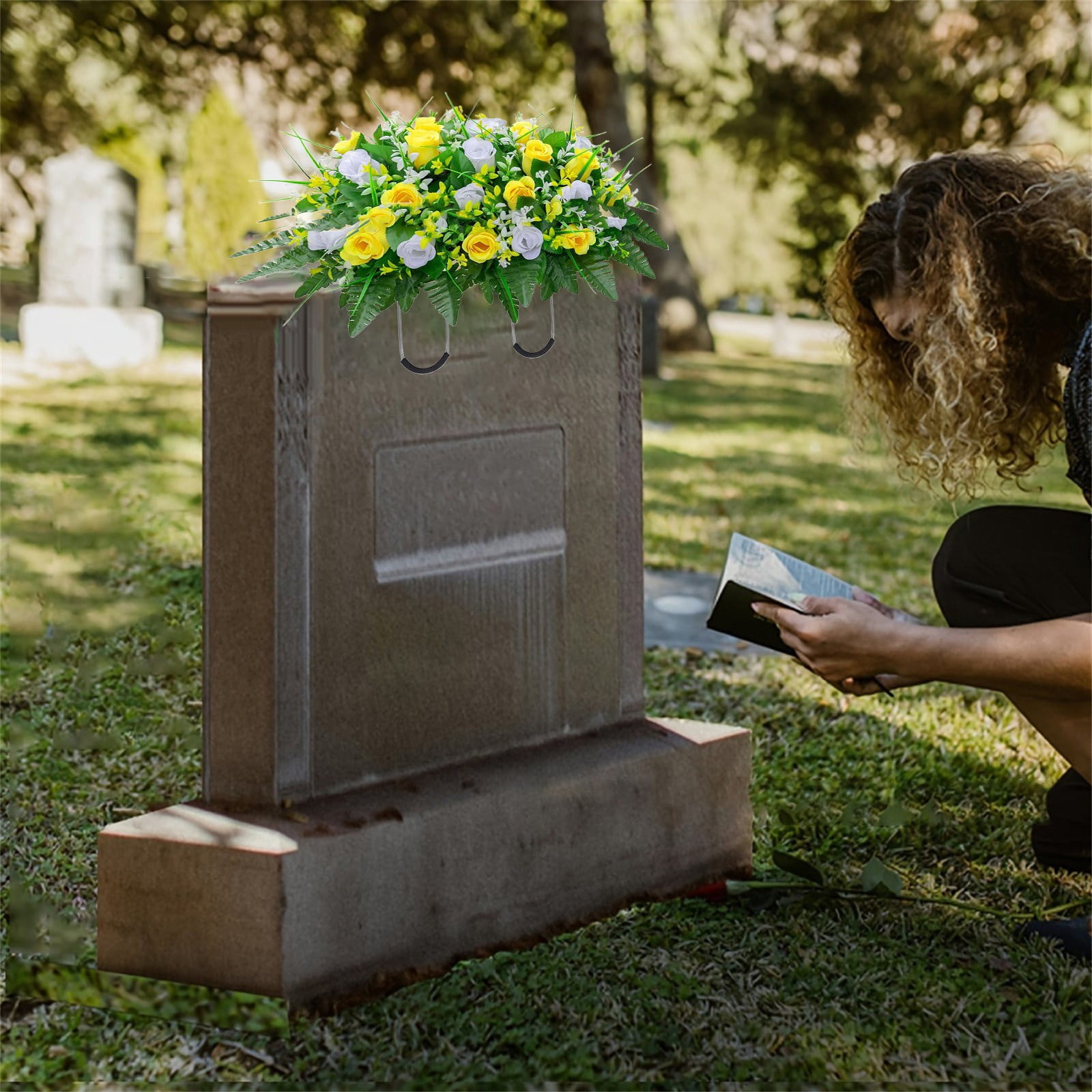 Safeglitz Artificial Cemetery Flowers Saddle Arrangement - Non-Fading Grave Decor, Weather-Resistant Memorial Floral, Cemetery Saddle Flowers