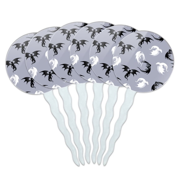Black and White Dragons Pattern Cupcake Picks Toppers Decoration Set of 6