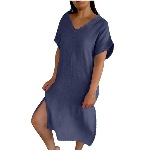 Taqqpue Women's Summer Cotton Line Long Dress Short Sleeve Flowy Swing Dresses Plus Size Loose V Neck Split Comfy Midi Dress