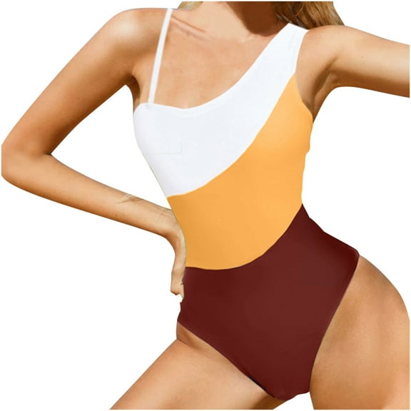 Samickarr One Shoulder Swimsuits For Women One Piece Full Coverage Sleeveless With Chest Cushion No Steel Support Swimwear Color Block Slim-fit Bathing Suit