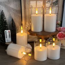 Goyuon Pure White Flickering Flameless Pillar Candles, Battery-Powered Acrylic LED, Remote, Timer, Set of 6