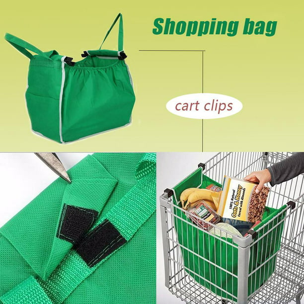 Reusable Large Trolley Clip-To-Cart Grocery Shopping Bags Portable Green Cloth Bag Foldable Tote ...