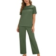 thumbnail image 2 of gbyLJF Women's 2 Piece Casual Set Solid Color Travel Outfits Spring Tracksuit Crewneck Tops and Wide Leg Long Pants Summer Sets, 2 of 9