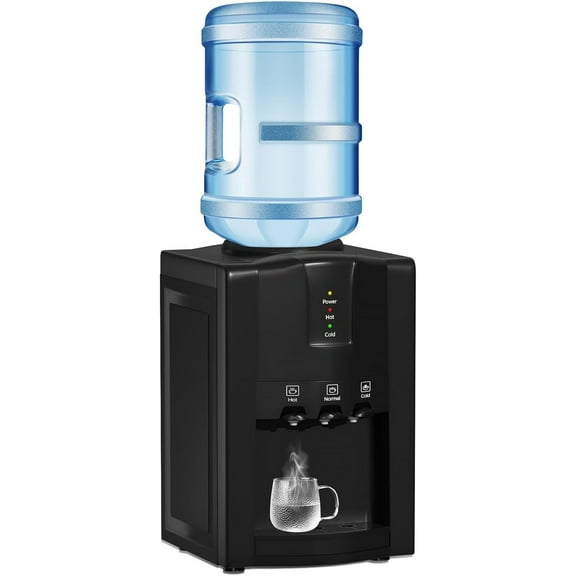 Top Loading Countertop Water Dispenser, 3 or 5 Gallon Water Cooler, 3-Temperature Settings for Hot & Cold, Room Temperature Water, Removable Drip Tray, Compact for Home, Office, Dorm & RV Use