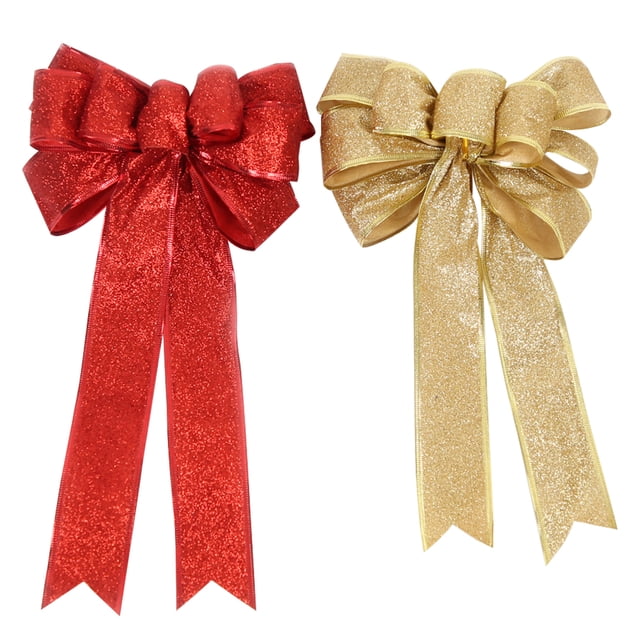 1 par de lazos decorativos grandes para árbol de Navidad, cintas de seda rojas y doradas