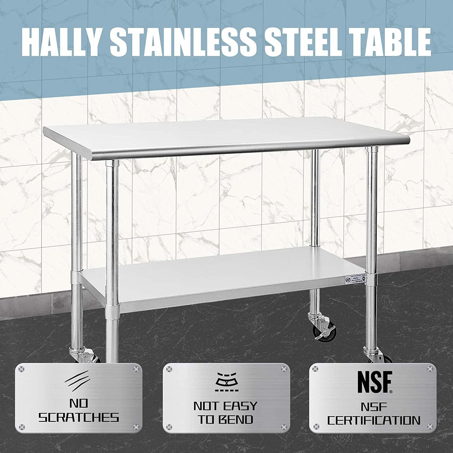 Home and Hotel NSF Commercial Heavy Duty Table with Undershelf and Galvanized Legs for Restaurant Hally Stainless Steel Table for Prep & Work 24 x 48 Inches 