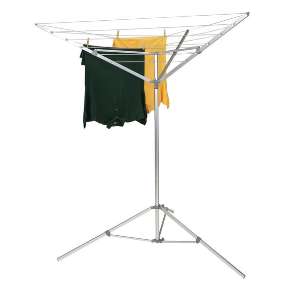 Portable Umbrella Clothesline, 64 Ft of Hanging Space, Pre-Strung with Stable Base, Lightweight, No-Rust Aluminum, Great for Indoors and Outdoors, Silver