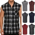 thumbnail image 2 of Xcmzpl Men's Sleeveless Shirt Plaid Gingham Button Down Casual Vest Shirts Lapel Collar Lounge Beach Tank Tops with Pocket, 2 of 10