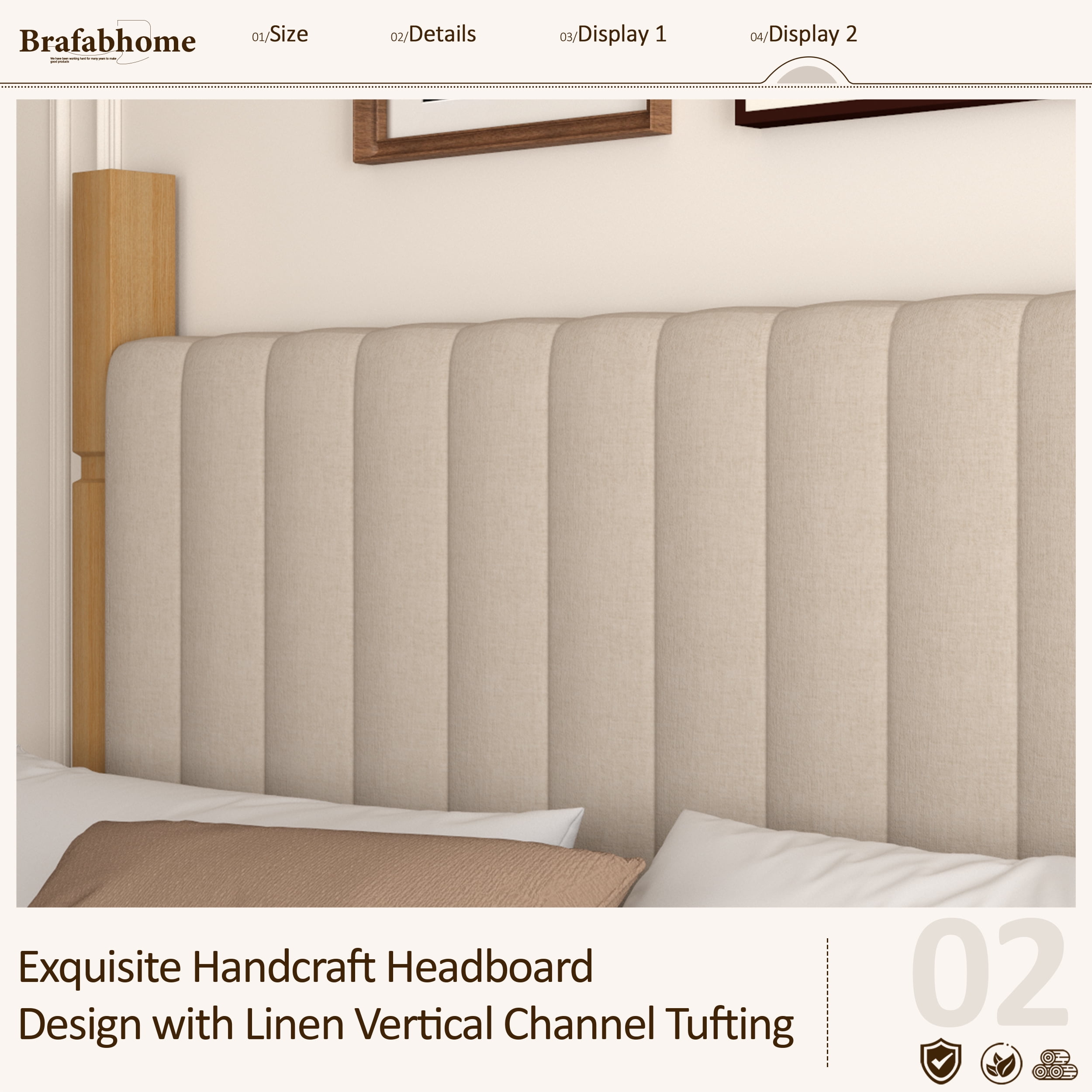 Brafabhome King Bed Frame with Upholstered Headboard, Modern Wood Bed Frame with Solid Wood Posts, No Box Spring Needed, Beige Linen