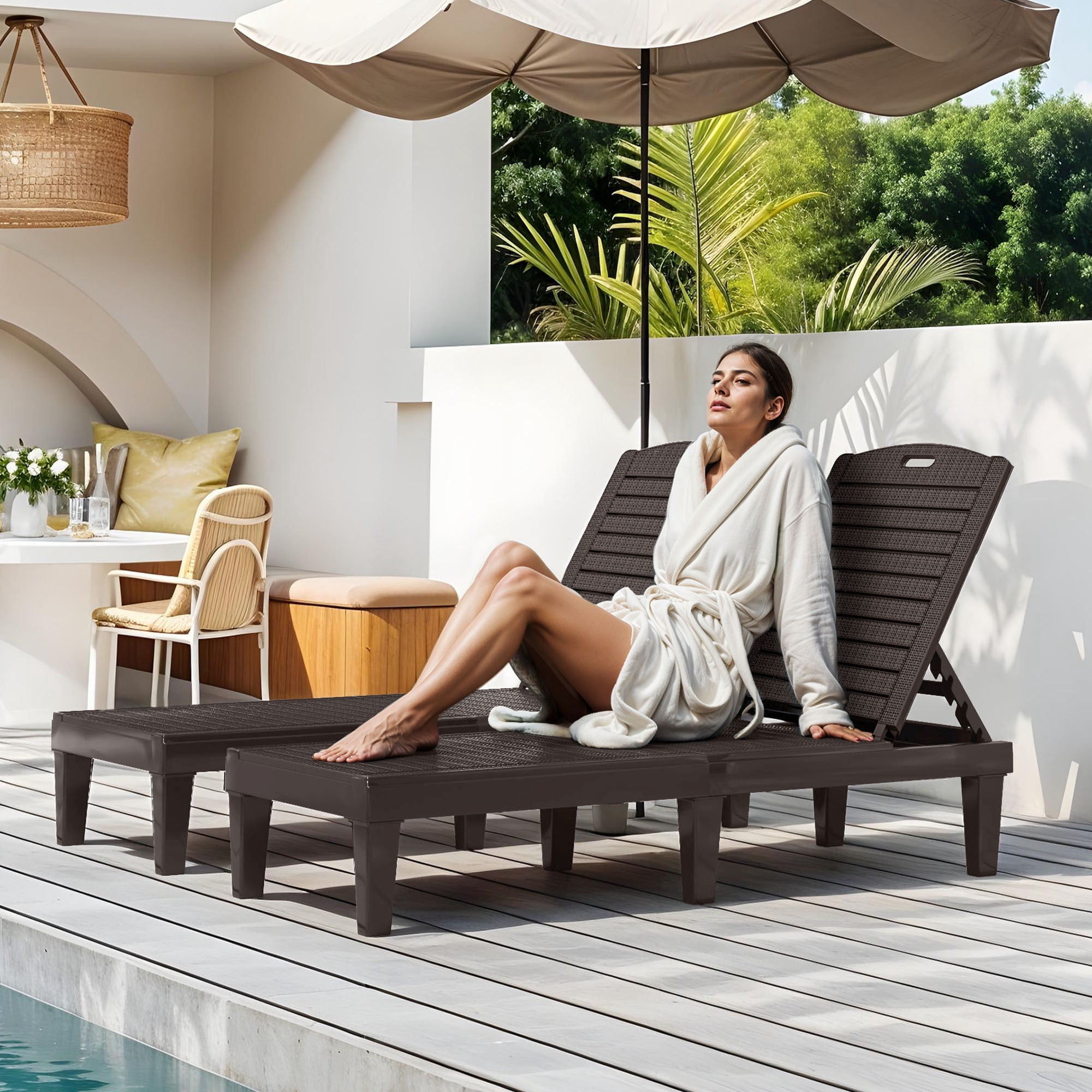 Uforic Outdoor Plastic Chaise Lounge Chair, 5-Position Adjustable Waterproof Poolside Recliner, Easy Assembly Patio Lounger for Garden Backyard, Brown, 1 Piece