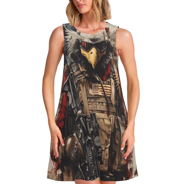 Easygdp Bald Eagle Soldier para Vestido Transpirable de Mujer, Vestido Suelto de Manga Corta con Pliegues y Bolsillos para el Verano