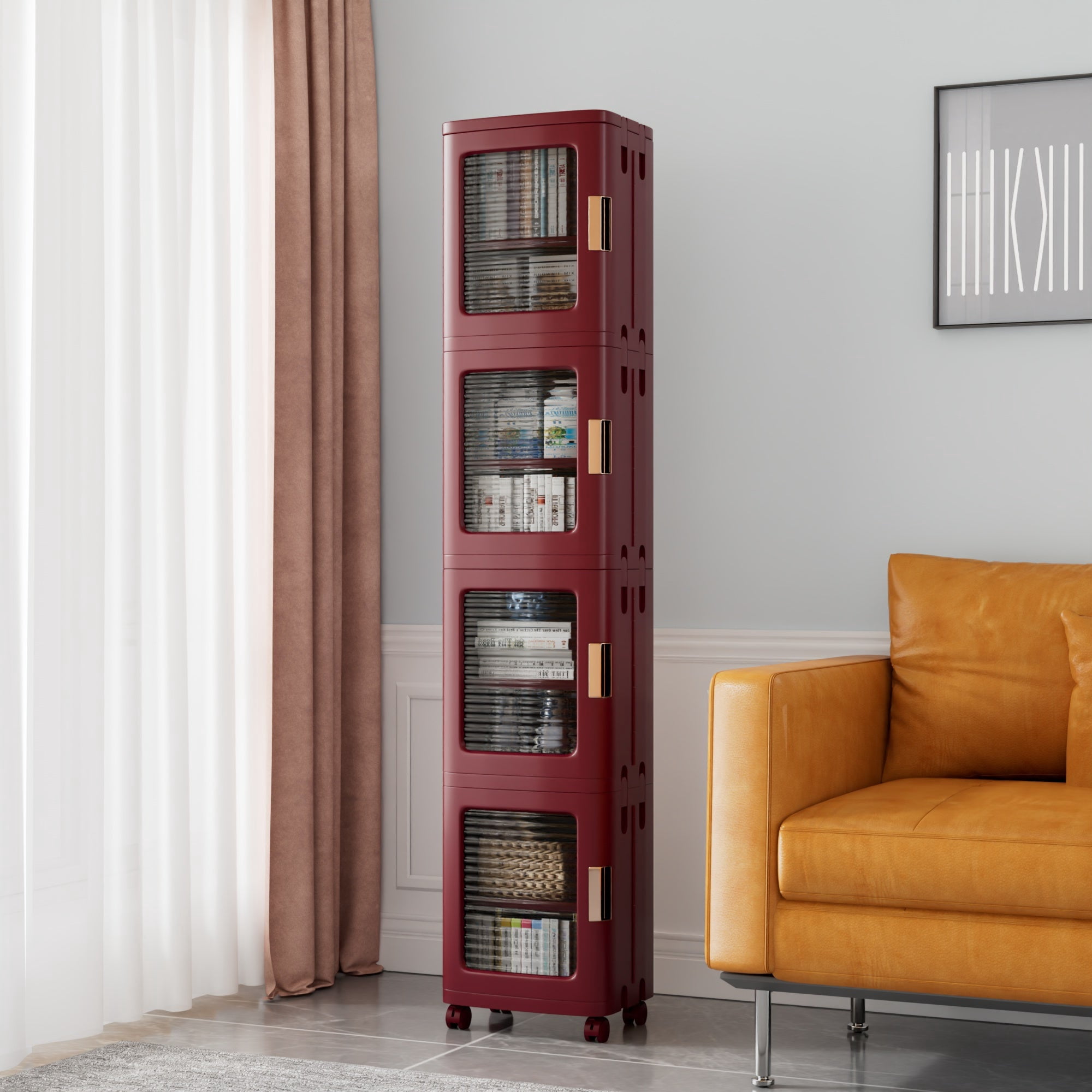 VECELO 4-Tier Slim Storage Cabinet with Wheels, Folding Stackable Box Organizer with Adjustable Shelves and Anti-Tip Design, Red, Large
