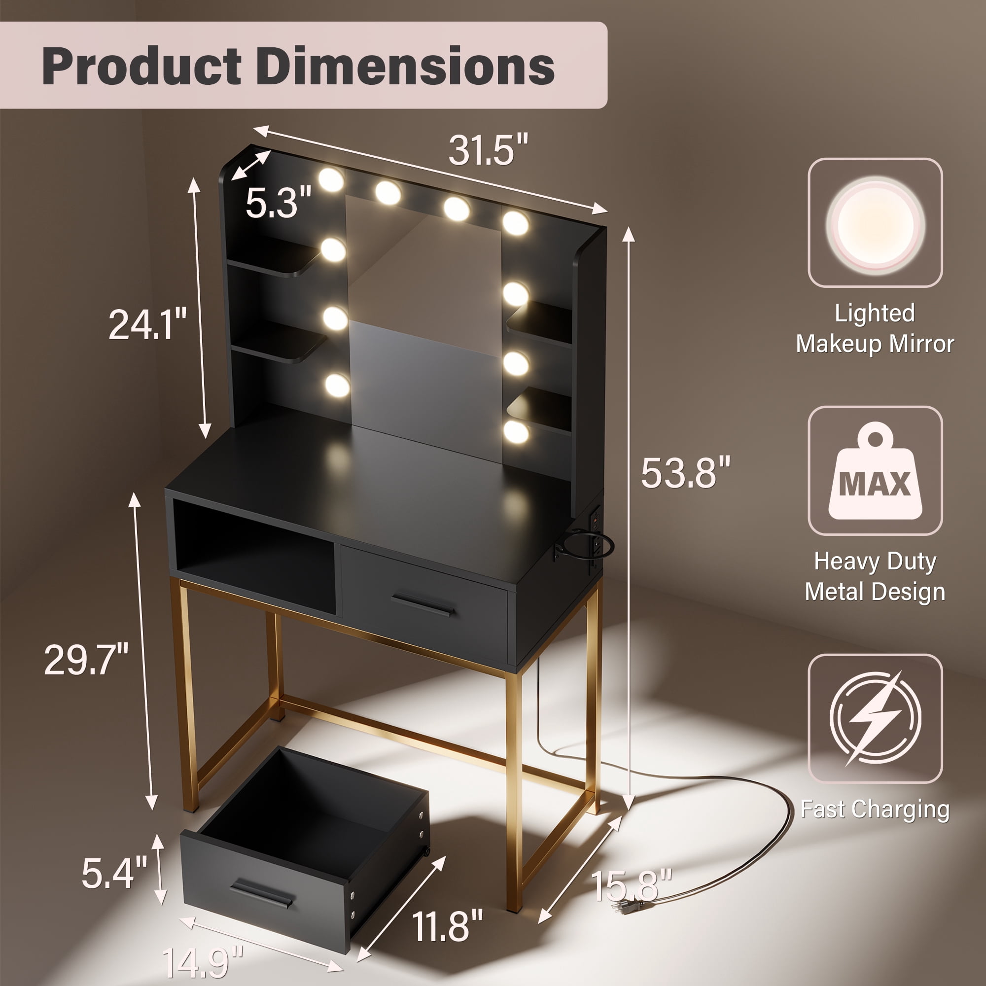 Homall Vanity Desk with Mirror, Power Outlet & LED Lights, Makeup Vanity Table with 2 Drawers & 4 Shelves, Dressing Table for Bedroom Dressing Room, Black