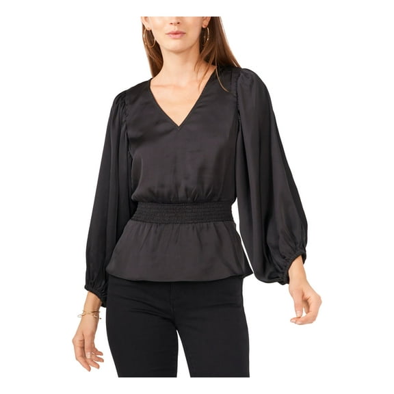 VINCE CAMUTO Womens Black Smocked Blouson Sleeve V Neck Wear To Work Peplum Top M