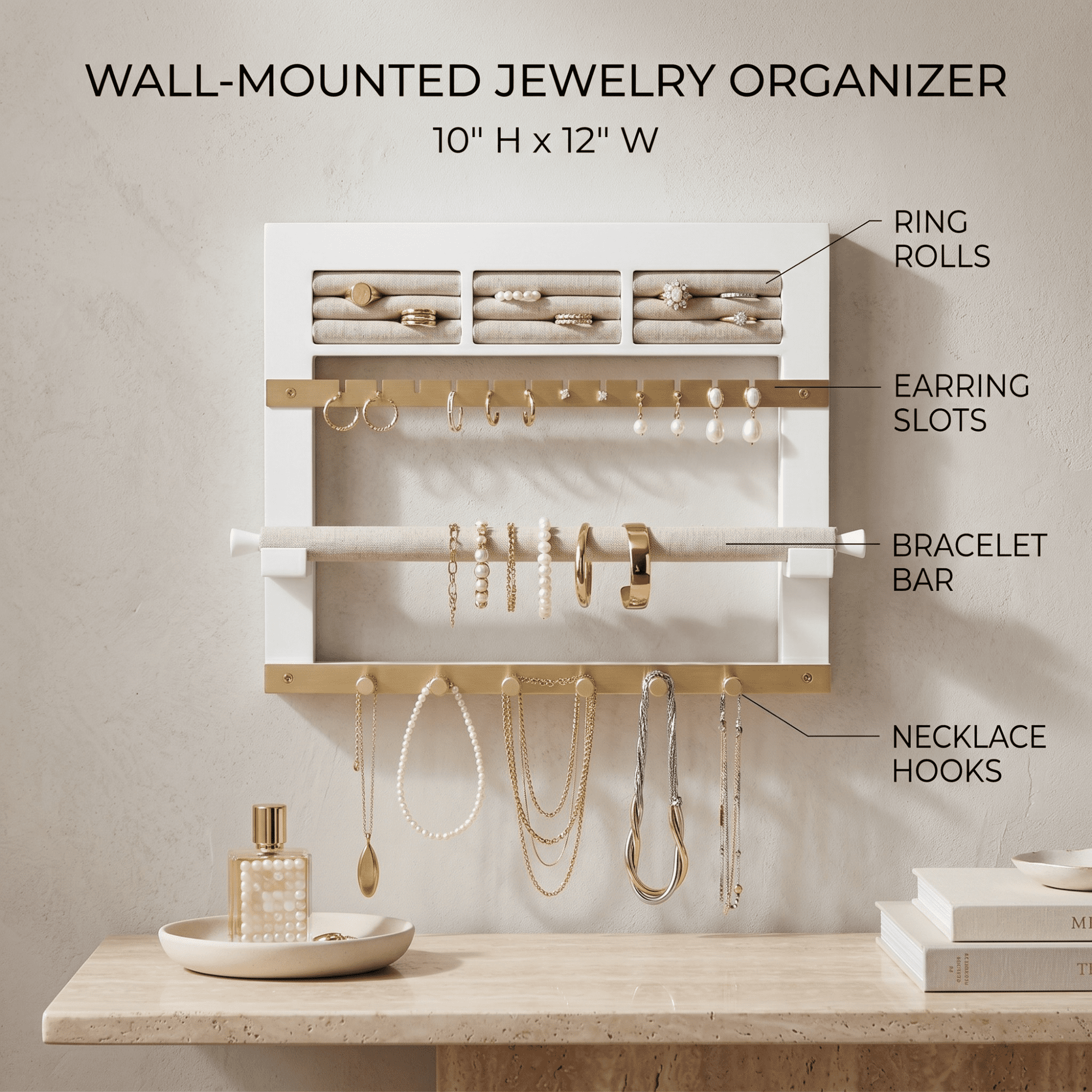 Hives and Honey May Wood Wall Hanging Jewelry Display Organizer - White, Gold and Linen