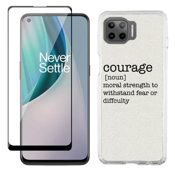 Slim-Fit Protective Phone Case compatible with Motorola Moto One 5G UW, with Tempered Glass Screen Protector, by OneToughShield ® - Dictionary/Courage