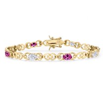 Gem Stone King 18K Yellow Gold Plated Silver White Moissanite and Pink Created Sapphire and Lab Grown Diamond Bracelet for Women | 4.01 Cttw | Gemstone Birthstone | Oval 6X4MM | Length 7.25 inches