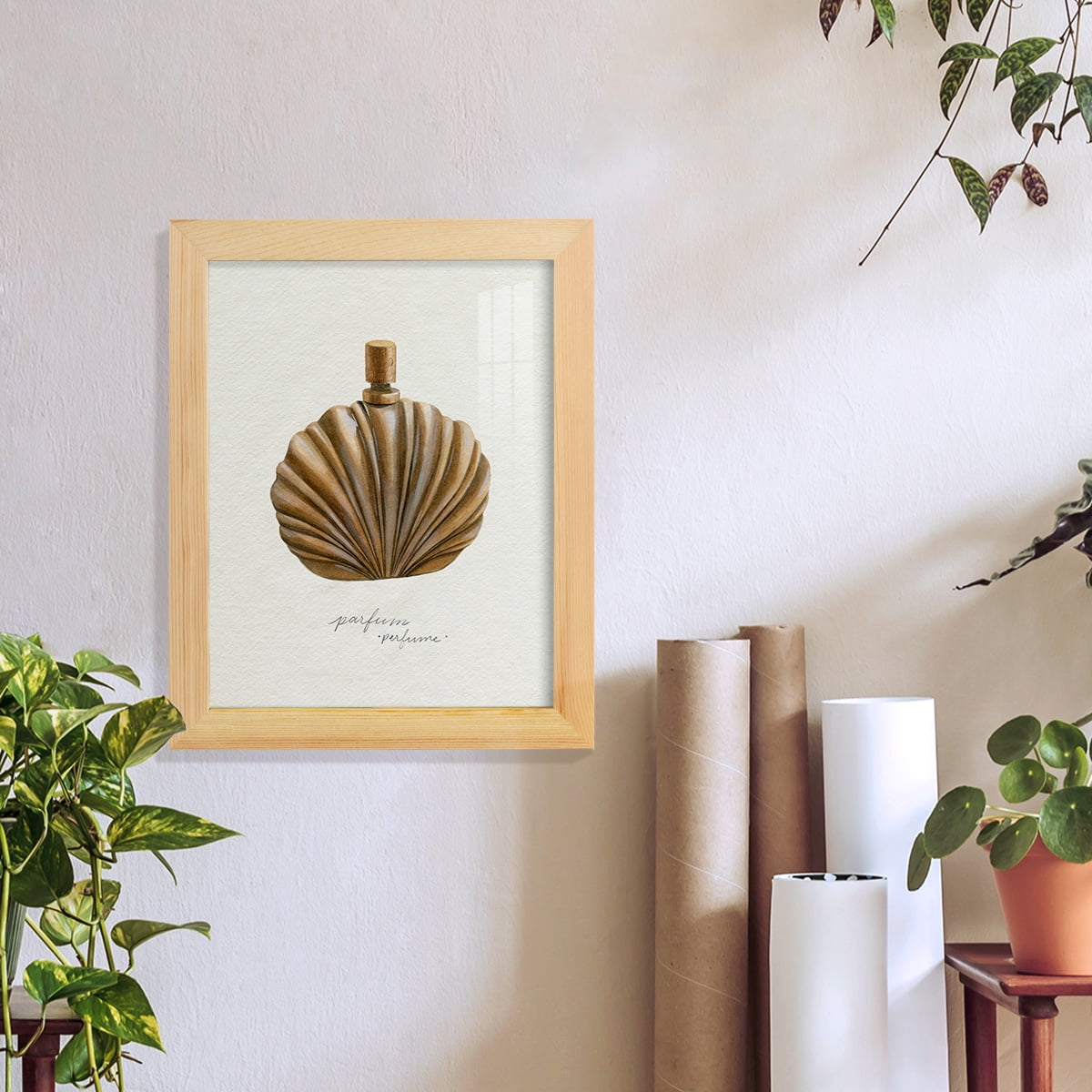 Gilded Toiletries II - Framed Print w/glass - Natural Wood