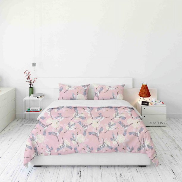 3D Grullas Flores Patrón Funda de edredón Set Ropa de cama Set Funda de edredón Fundas de almohada