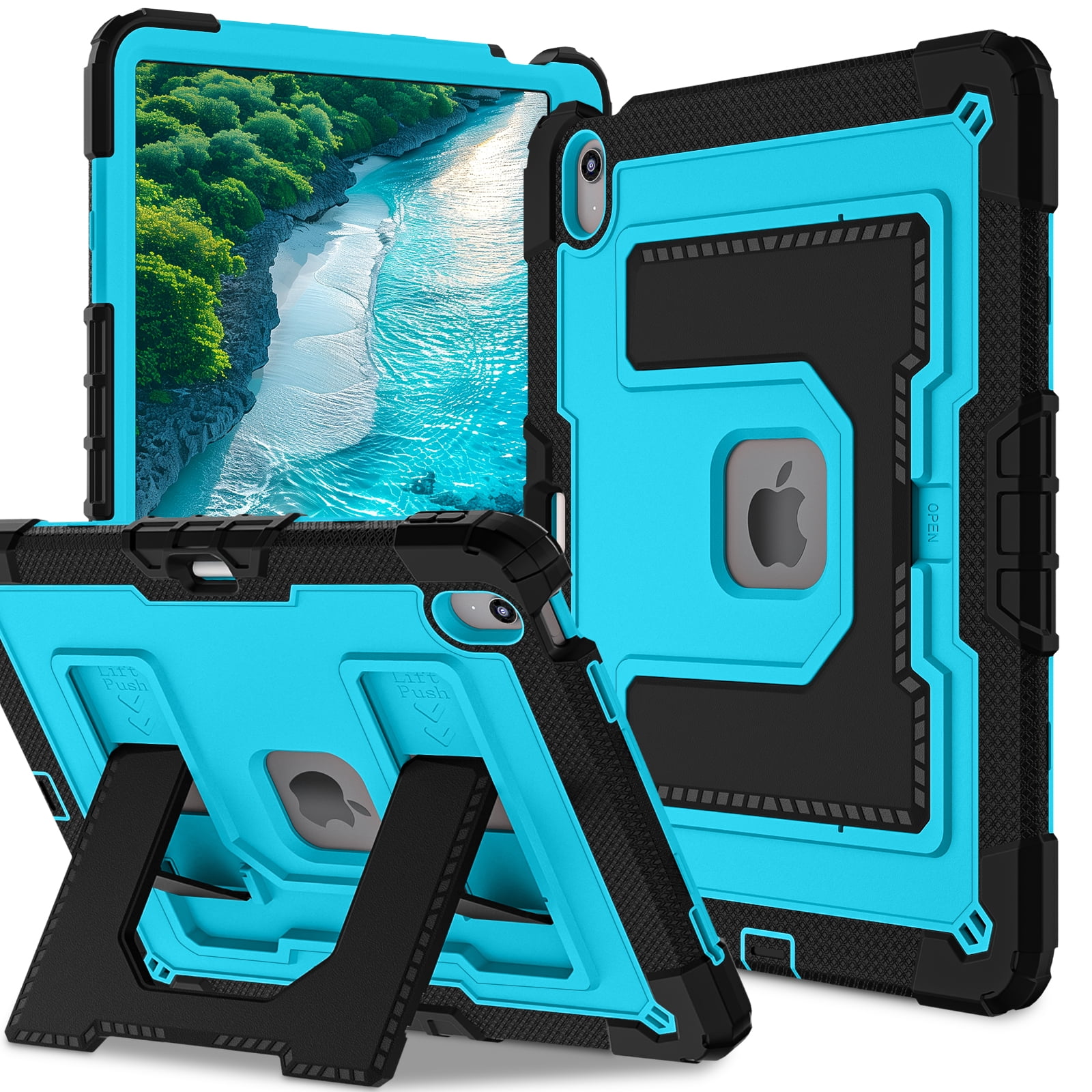ELEHOLD 3-Layer Rugged Case For Apple iPad Air 13‑inch (M4) 2026, Heavy Duty Shockproof Logo Visible Foldable Kickstand Drop Protection Cover with Pencil Holder + Shoulder Strap, Black+Blue