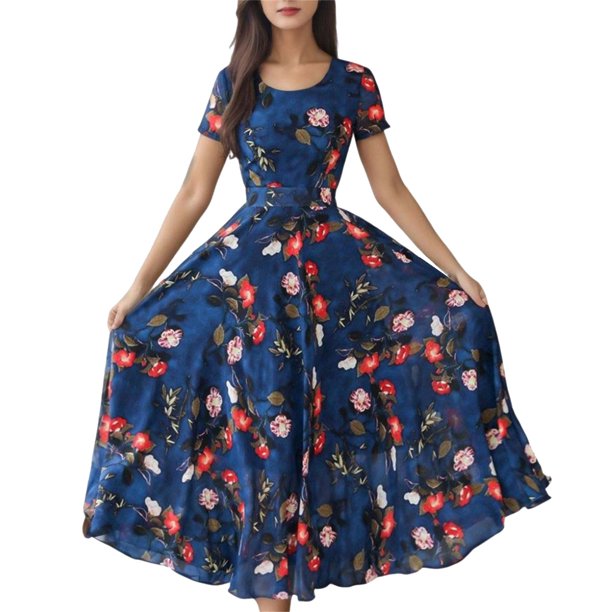Gibobby Vestido de verano casual para mujer Vestido de verano de media con estampado de moda corta para mujer de manga Vestido de playa para mujer(Azul,XL)