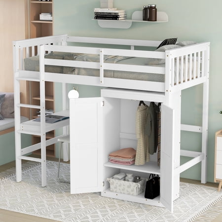 paproos Loft Bed with Storage  Wooden Twin Size Loft Bed Frame with Desk and Wardrobe  Space Saving  Twin Wood Loft Bed for Kids Teens Adults  White