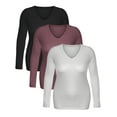 thumbnail image 4 of Essential Basic Women's Junior Size Vneck Tshirt Long Sleeve Shirt, 3Pk Black Old Rose White, Medium, 4 of 4