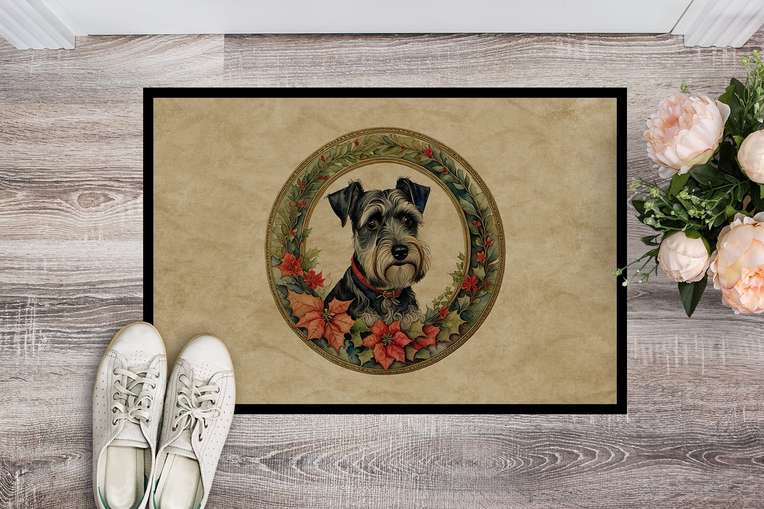 Carolines Treasures DAC2424MAT 18 x 27 in. Unisex Schnauzer Christmas Flowers Doormat