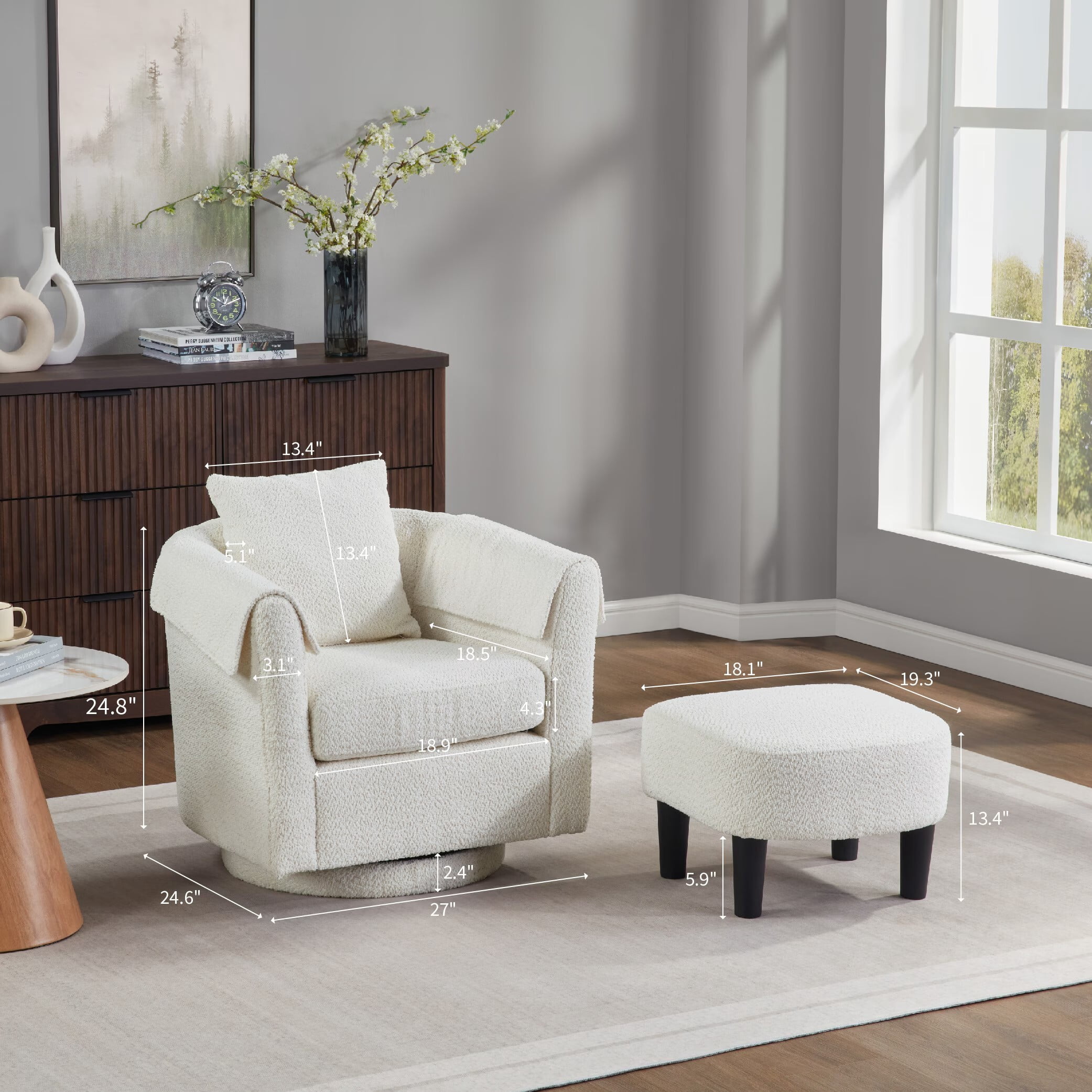 Avobird Living Room Chair With Ottoman Set, Chenille Barrel Armchair with Removable Back Pillow & 2 Armrest Covers, Beige