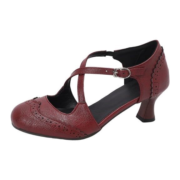 Women Heels Shoes Round Closed Toe Ankle Strap Dress Sandals Cutout Mid Block Heel