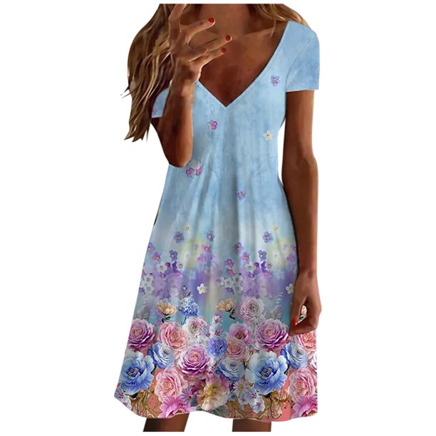 Vestidos casuales elegantes con cuello en V de manga corta con estampado floral de verano para mujer Fridja qw4297