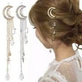 thumbnail image 6 of 2 Pcs Crystal Rhinestone Dangle Hairpins with Moon, Star, and Tassel Charms - Hair Accessories, Barrettes, Hair Clips with Crystal Beads for Women, Bridal, 6 of 9