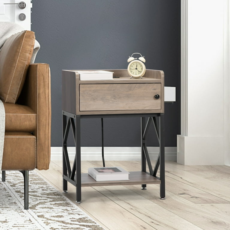 Jaxpety small end table with cup holder electric charging 2024 station 2 usb ports & power strip home office