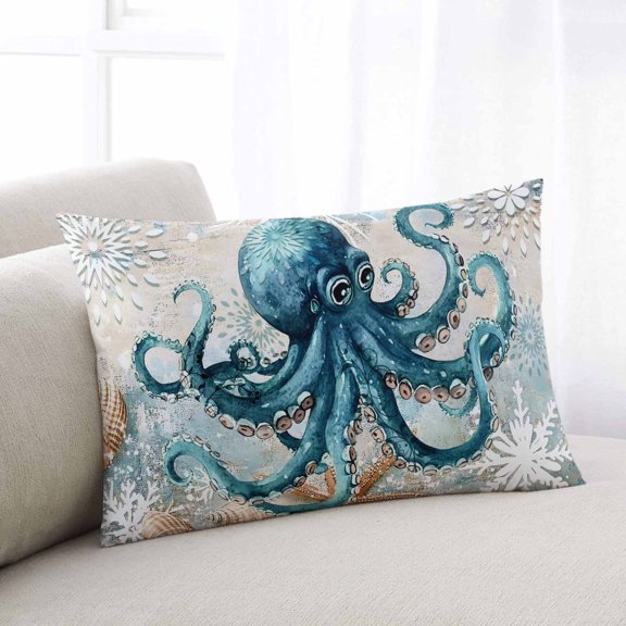 Teal Octopus Coastal Pillow Covers 20x26 Inch Standard Size, Summer Beach Vintage Nautical Decorative Pillowcase with Zipper, Microfiber Breathable Pillowcases for Sofa Bed Living Room