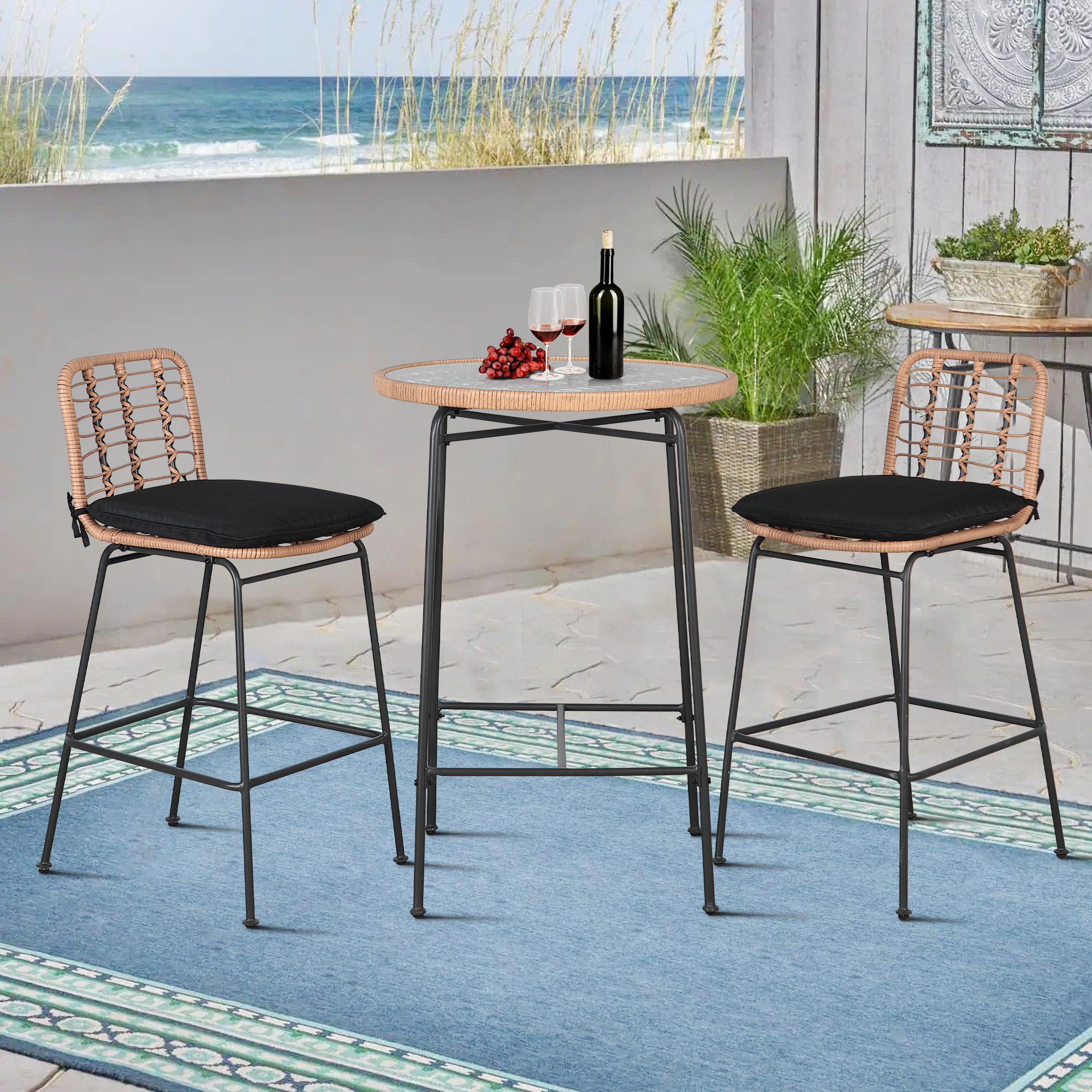 COBANA 3 Piece Patio Bar Set, Outdoor Bar Stools Table and Chairs Set