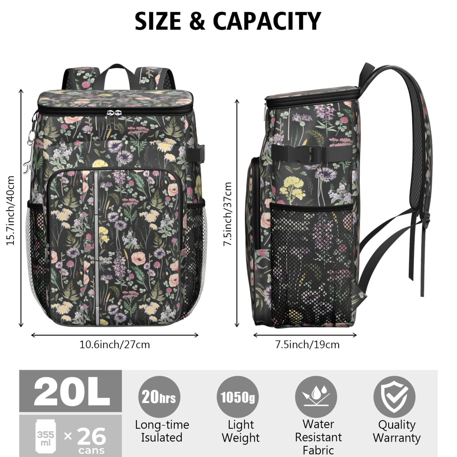 Travel Cooler Bag - Pioneer Flower Floral Print Pattern Camping Beer Cooler Backpack with Bottle Opener- Waterproof Insulated Picnic Backpacks - Cooler Bag for Beach