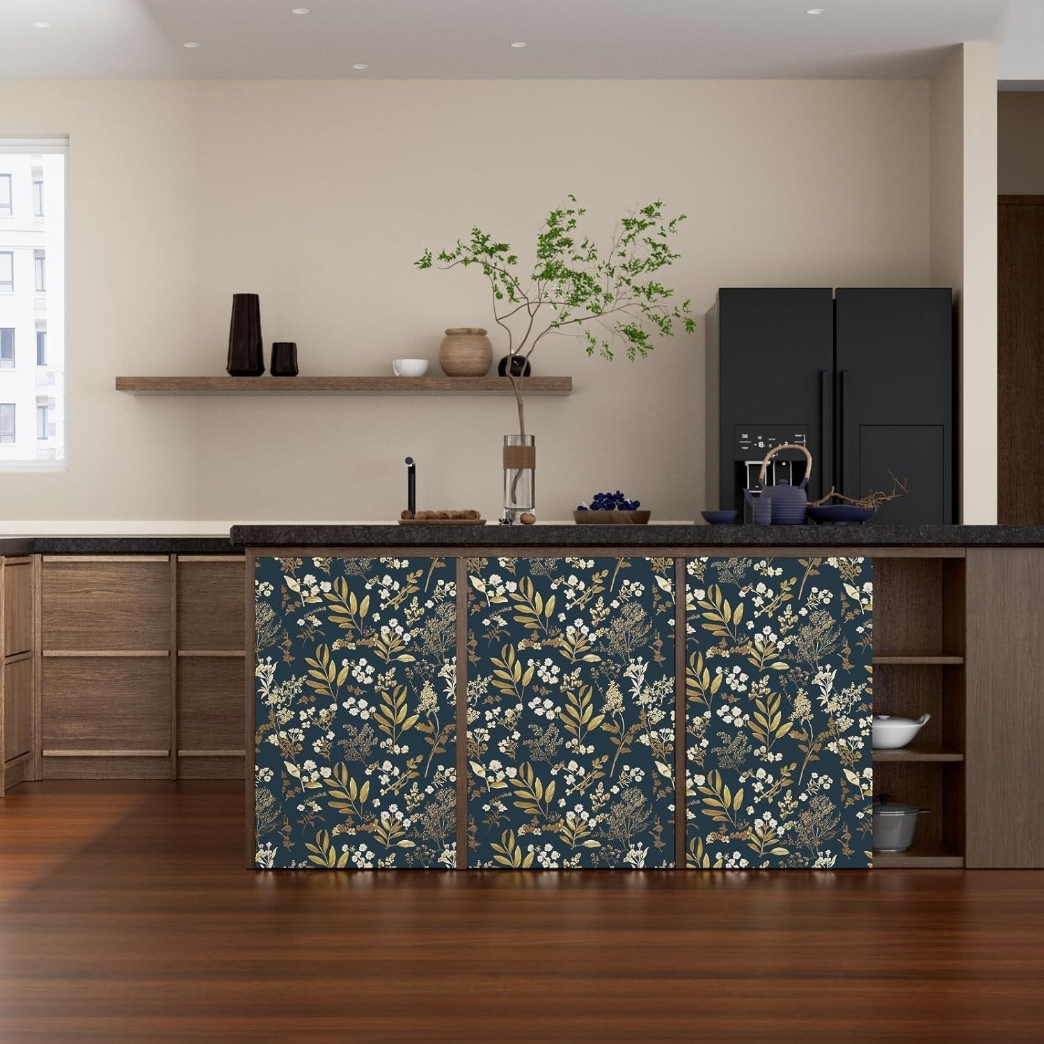 Dark Blue Leaf Wallpaper Peel and Stick Dark Floral Wallpaper for Bedroom Vintage Leaf Contact Paper Waterproof Self Adhesive Boho Floral Wall Paper for Bedroom Walls Countertop 17.5in x 393in
