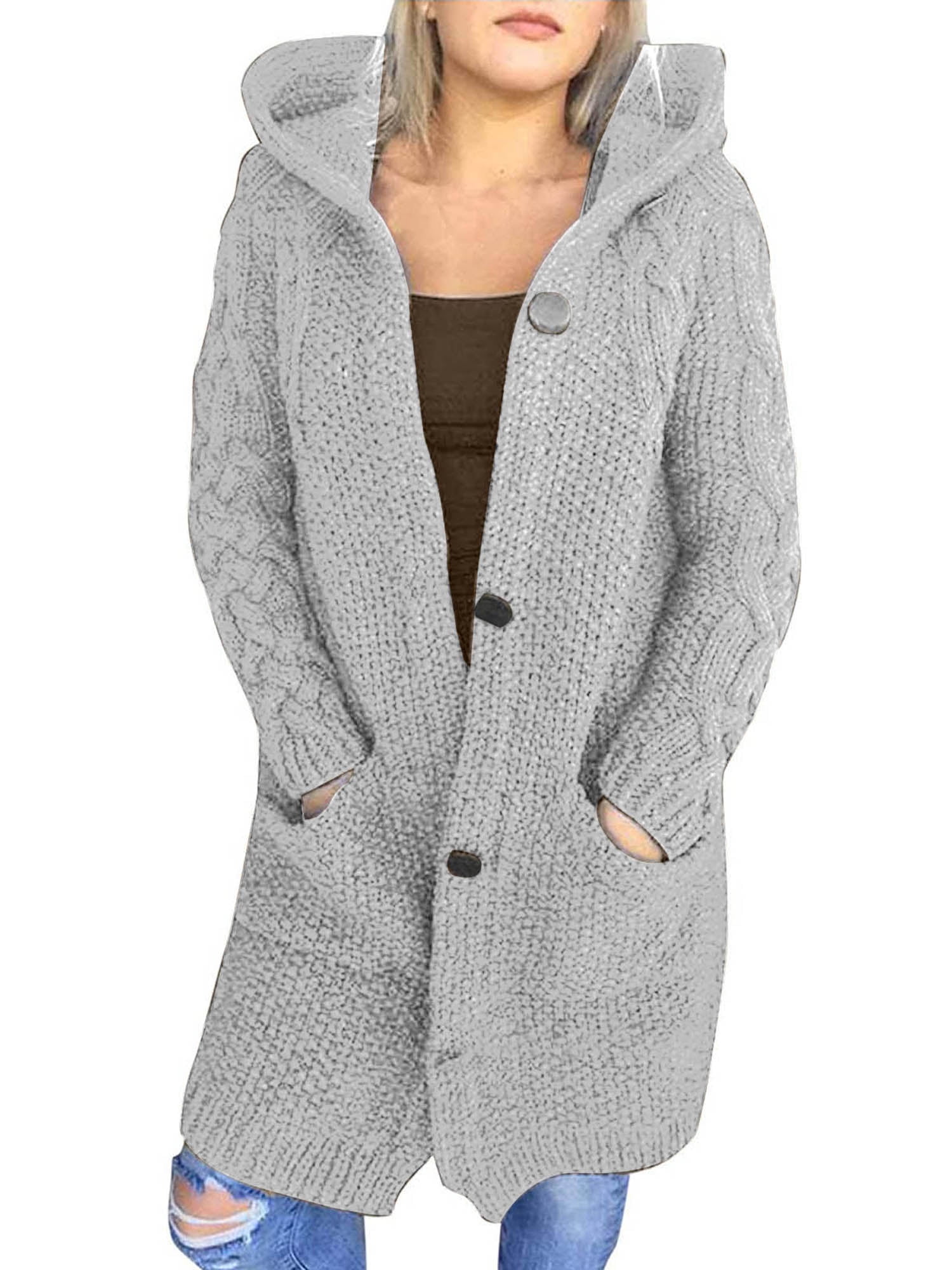 Frobukio Women Knit Cardigan Long Sleeve Hooded Button Closure Casual Jacket, Women's, Size: Large