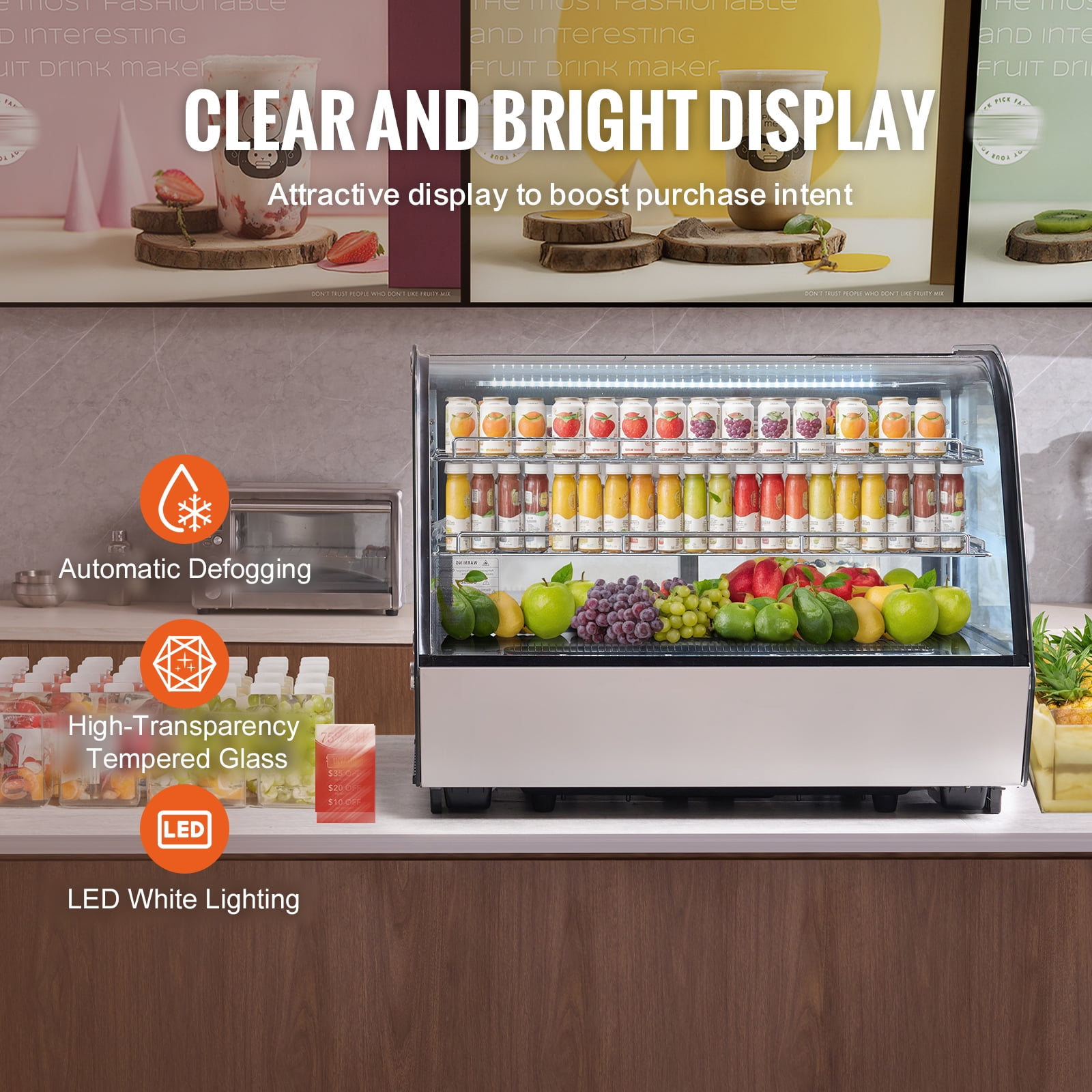KFFKFF Chilled Display Unit, 5 Cu.Ft./146L Tabletop Dessert Showcase, Dual-Level Professional Display Fridge with Illuminated LED, Rapid Cooling, No-Frost Air-Circulation, Ideal for Bakehouse